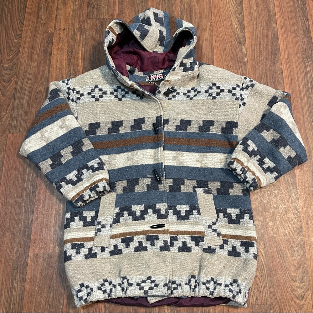 Vintage 1990s New York Girl Hooded Field Jacket Abstract Wool Size 8
